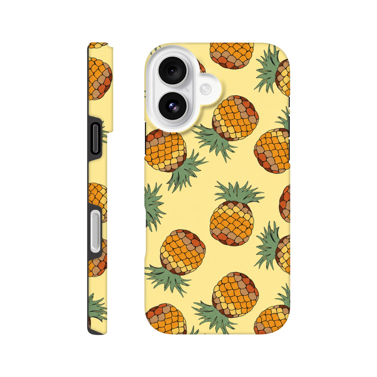 Yellow pineapple pattern iPhone case featuring tropical fruit print on pale yellow background with side view showing protective bumper.