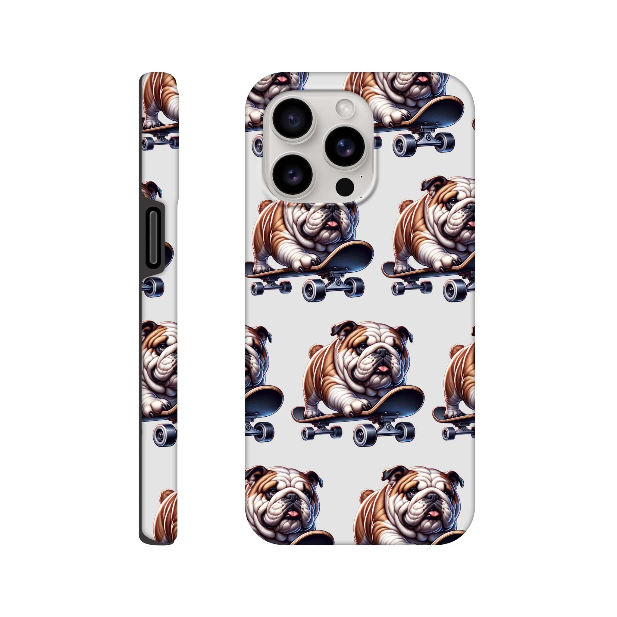 British bulldog skateboard pattern dual-layer tough phone case for iPhone 16/15/14/13 with wraparound print.