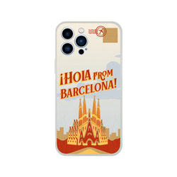 Vintage postcard iPhone case with Barcelona skyline and 'Hola from Barcelona' text, flexible protective shell.