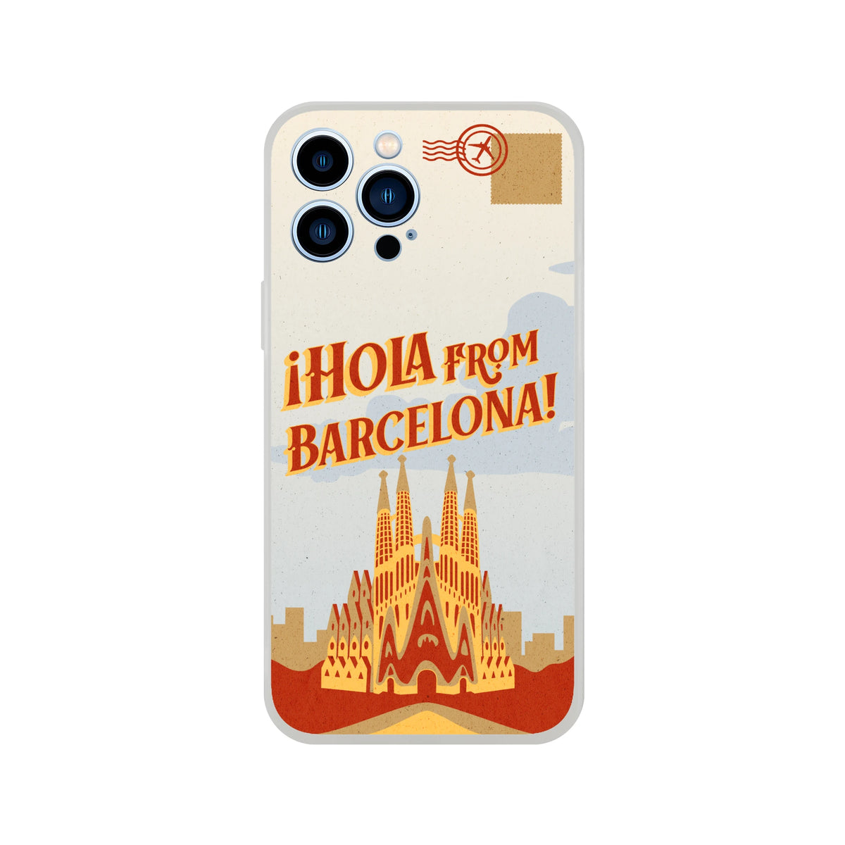 Vintage postcard iPhone case with Barcelona skyline and 'Hola from Barcelona' text, flexible protective shell.