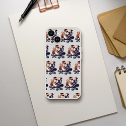 Slim frosty transparent iPhone case with a repeating bulldog on skateboard pattern.