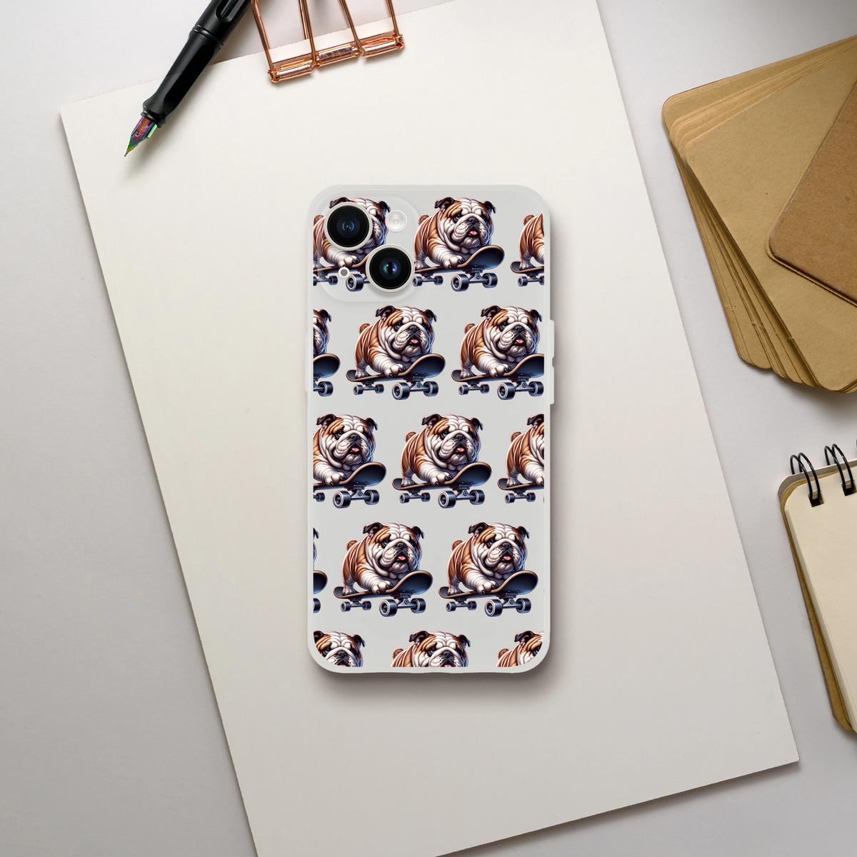 Slim frosty transparent iPhone case with a repeating bulldog on skateboard pattern.