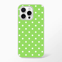 Retro green iPhone case with white polka dots. Shock-absorbing TPU cover with matte finish for models 13-16.