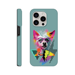 Teal iPhone case featuring a vibrant pop art dog with pink glasses, geometric shapes, and neon lightning bolts.