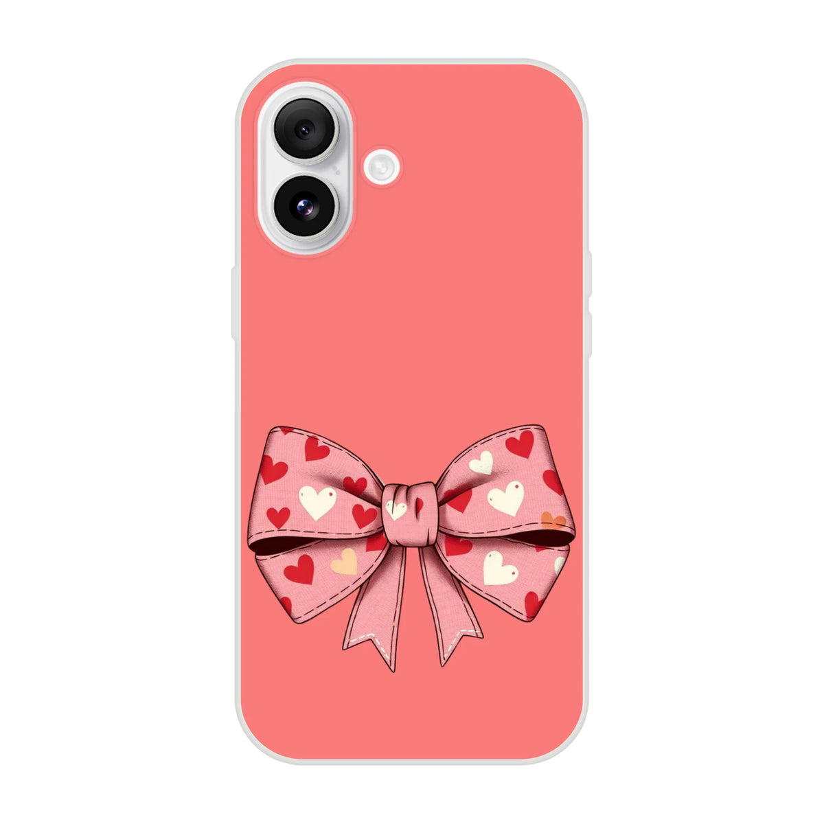 Cute pink and cream bow iPhone case (13-16) with heart motif, Coquette aesthetic.