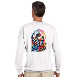 White petrolhead sweatshirt featuring a vibrant back print with a checkered flag, palm trees, and Flat Out text for modified car culture.
