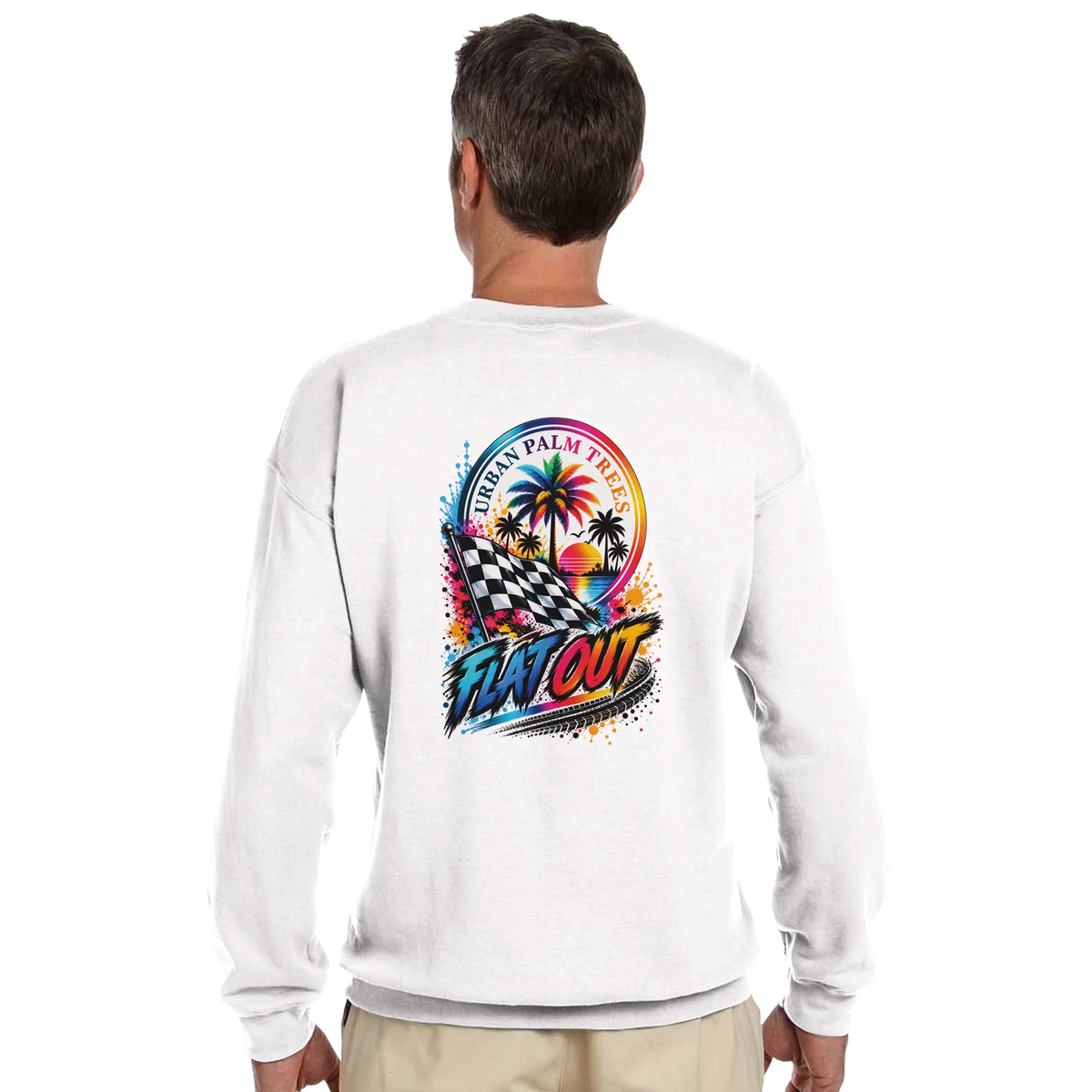 White petrolhead sweatshirt featuring a vibrant back print with a checkered flag, palm trees, and Flat Out text for modified car culture.