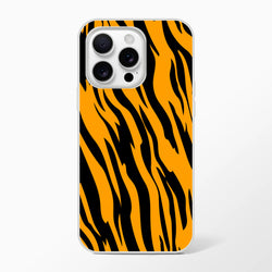 Orange and black tiger-print iPhone case (13-16) with slim matte shell and bold animal aesthetic.