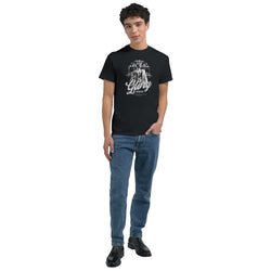 Gothic Glory men's graphic T-shirt in black with bold white design; soft cotton blend, sizes S–XL.