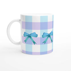 Blue Gingham Bow Mug - Cute Coquette Coffee Cup for daily coffee or tea, pastel stripes with blue bows.