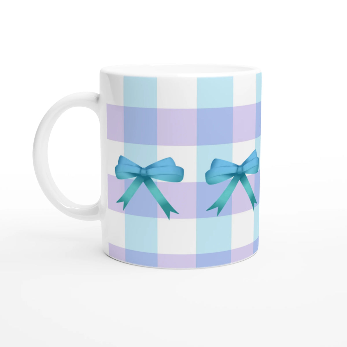 Blue Gingham Bow Mug - Cute Coquette Coffee Cup for daily coffee or tea, pastel stripes with blue bows.