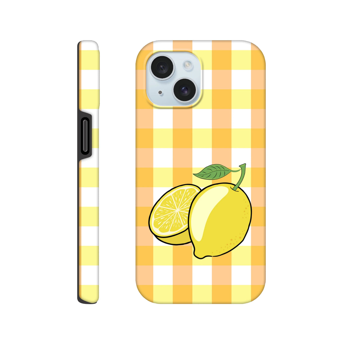 Yellow gingham iPhone case featuring a whole lemon and slice illustration with tough drop protection for iPhone 13-16.