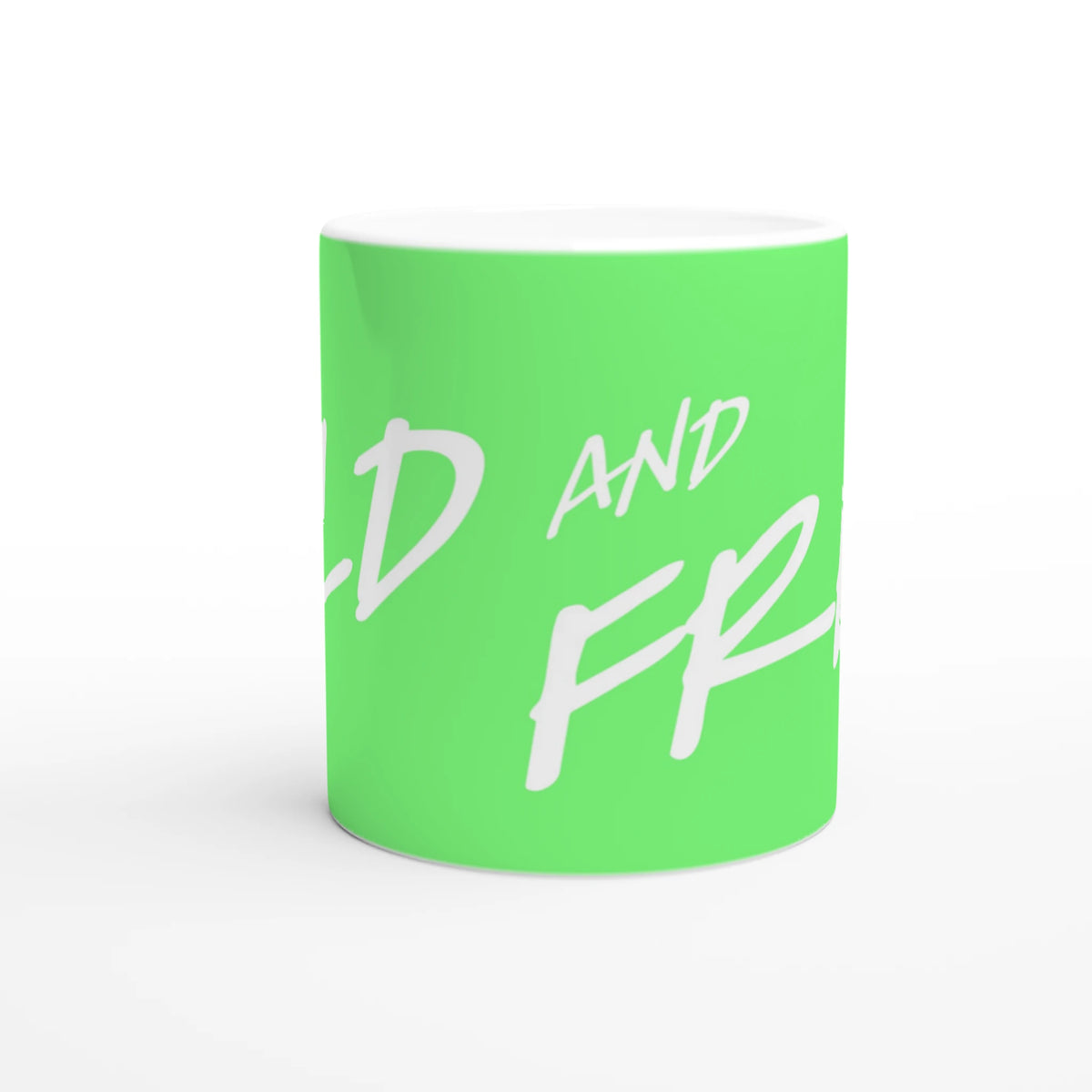 Cute Wild And Free Mug - Slogan Coffee Cup: green ceramic with white cursive slogan.