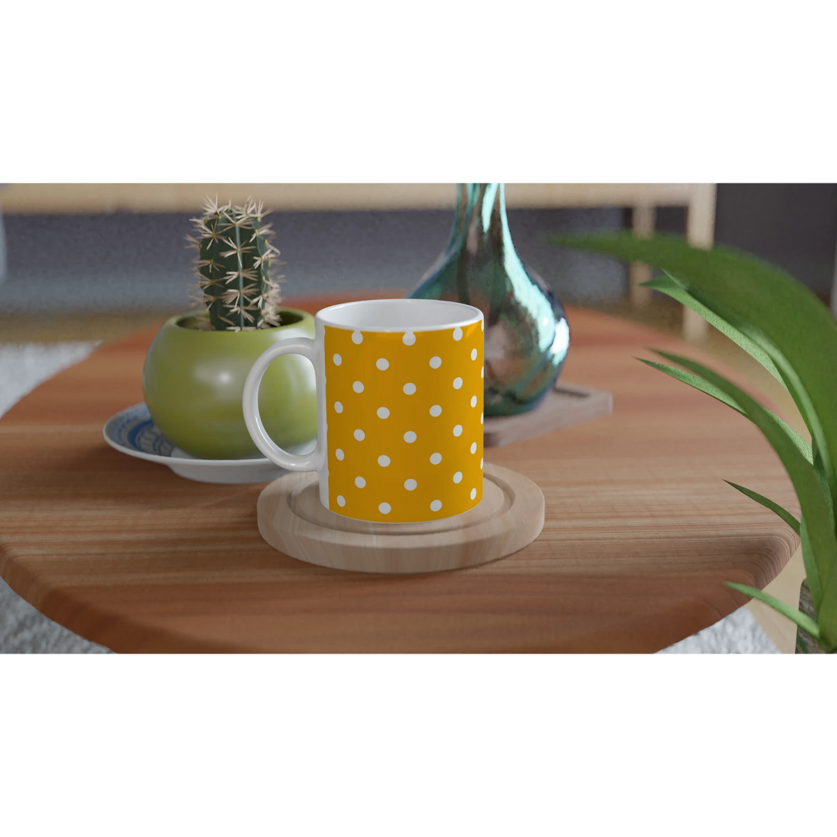 Orange white polka dot ceramic mug on wooden coaster beside a cactus, perfect for daily coffee or tea.