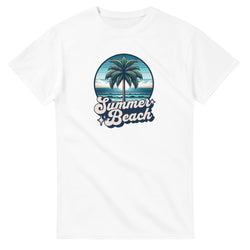 White women's graphic tee with circular tropical beach design, palm tree and waves, 'Summer Beach' script.