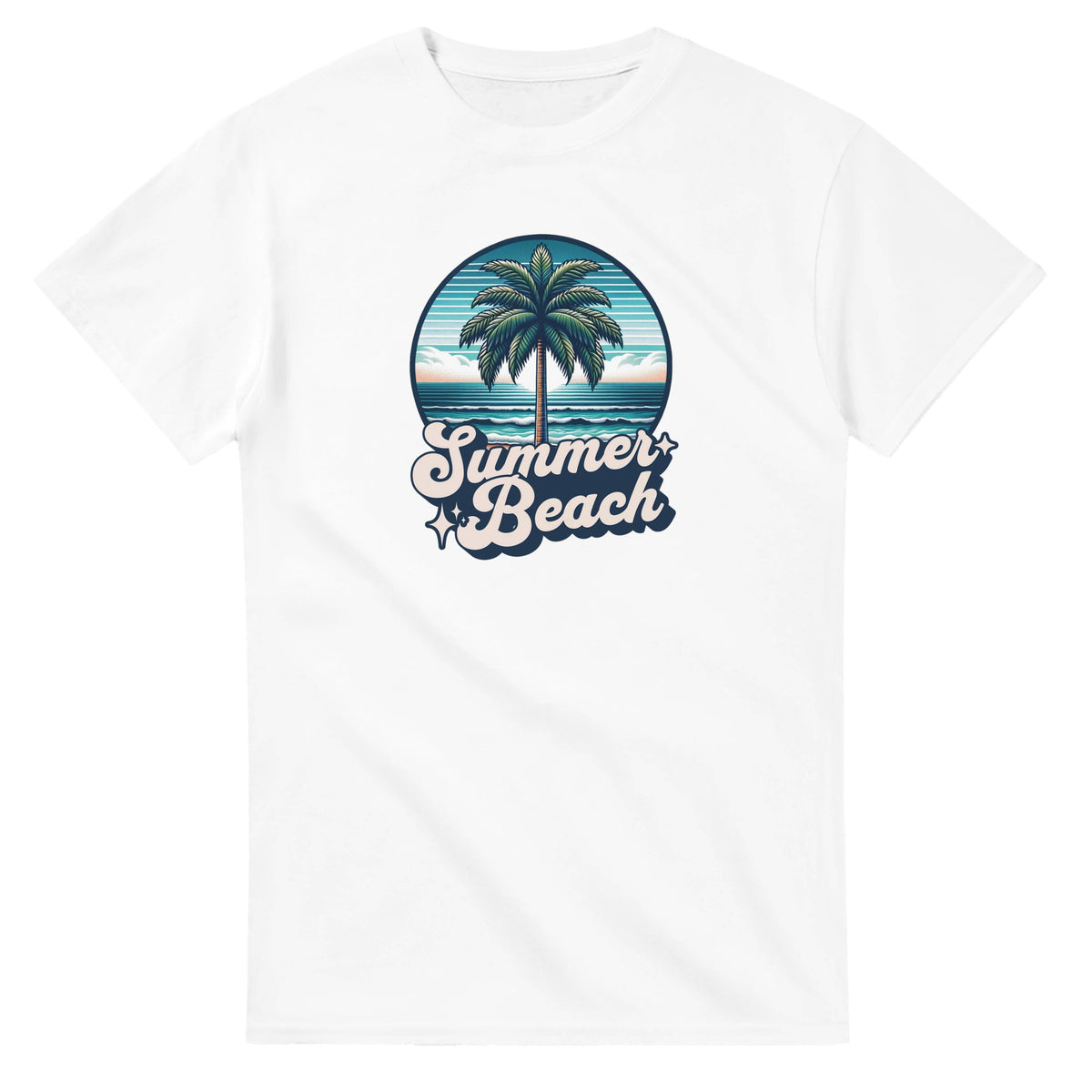 White women's graphic tee with circular tropical beach design, palm tree and waves, 'Summer Beach' script.