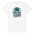 White women's graphic tee with circular tropical beach design, palm tree and waves, 'Summer Beach' script.
