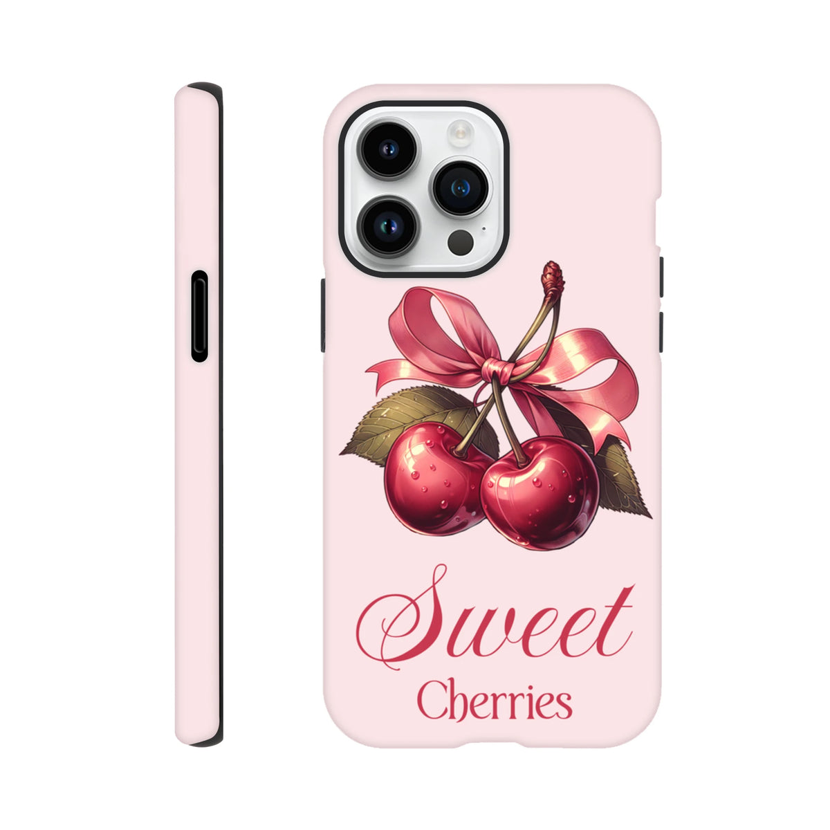Pink iPhone case featuring vintage red cherries tied with a pink bow and "Sweet Cherries" script text.