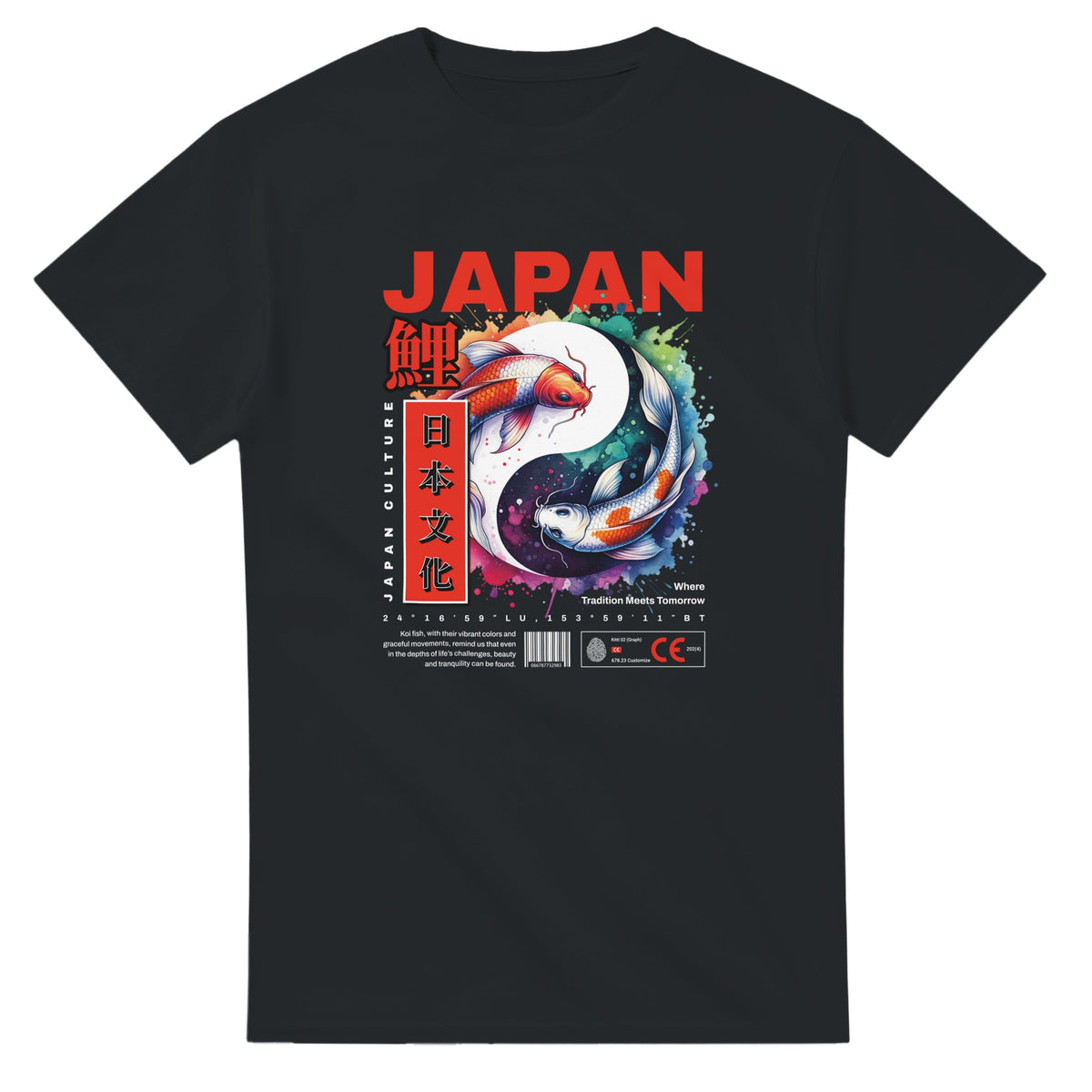 Black men's graphic T-shirt with koi fish art, bold red JAPAN text, vertical Japanese characters, colorful splash.