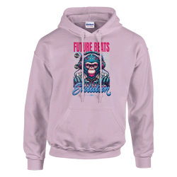 Monkey DJ graphic hoodie for men, pink with blue monkey DJ art and Future Beats Evolution 50/50 cotton/poly, S–XL