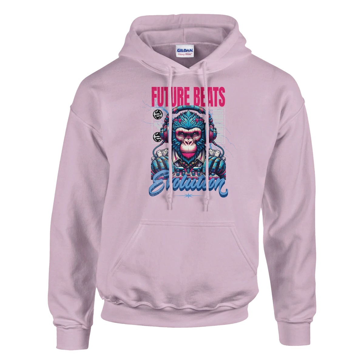 Monkey DJ graphic hoodie for men, pink with blue monkey DJ art and Future Beats Evolution 50/50 cotton/poly, S–XL