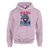 Monkey DJ graphic hoodie for men, pink with blue monkey DJ art and Future Beats Evolution 50/50 cotton/poly, S–XL