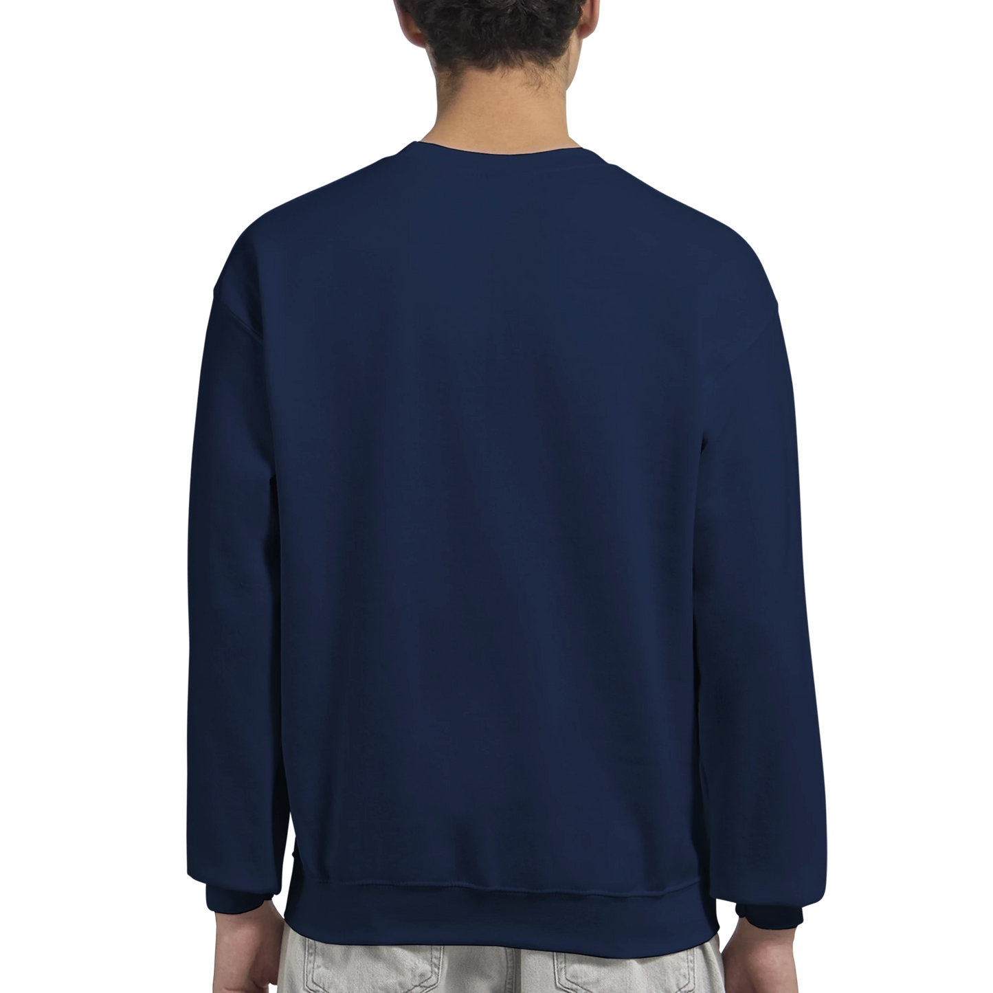 Back view of navy 50/50 cotton-poly Carrera Car Jumper Graphic sweatshirt with ribbed cuffs and hem.