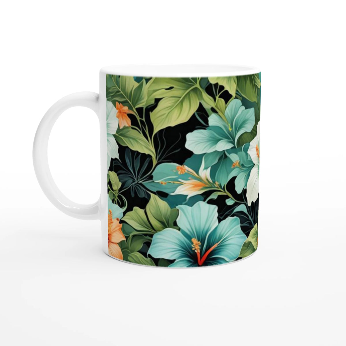 Tropical Hibiscus mug with lush Hawaiian floral pattern on a white ceramic cup.