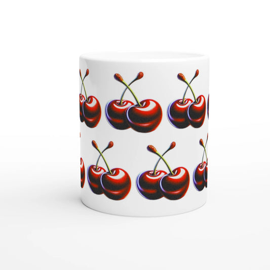Cherry Mug Gift For Her: glossy white ceramic mug with vibrant red cherry print