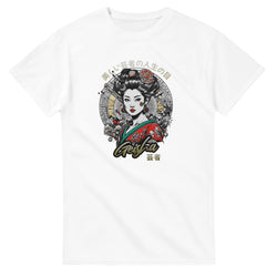 Geisha girl Japanese graphic t-shirt on white shirt featuring a colorful kimono, floral accents and circular background.