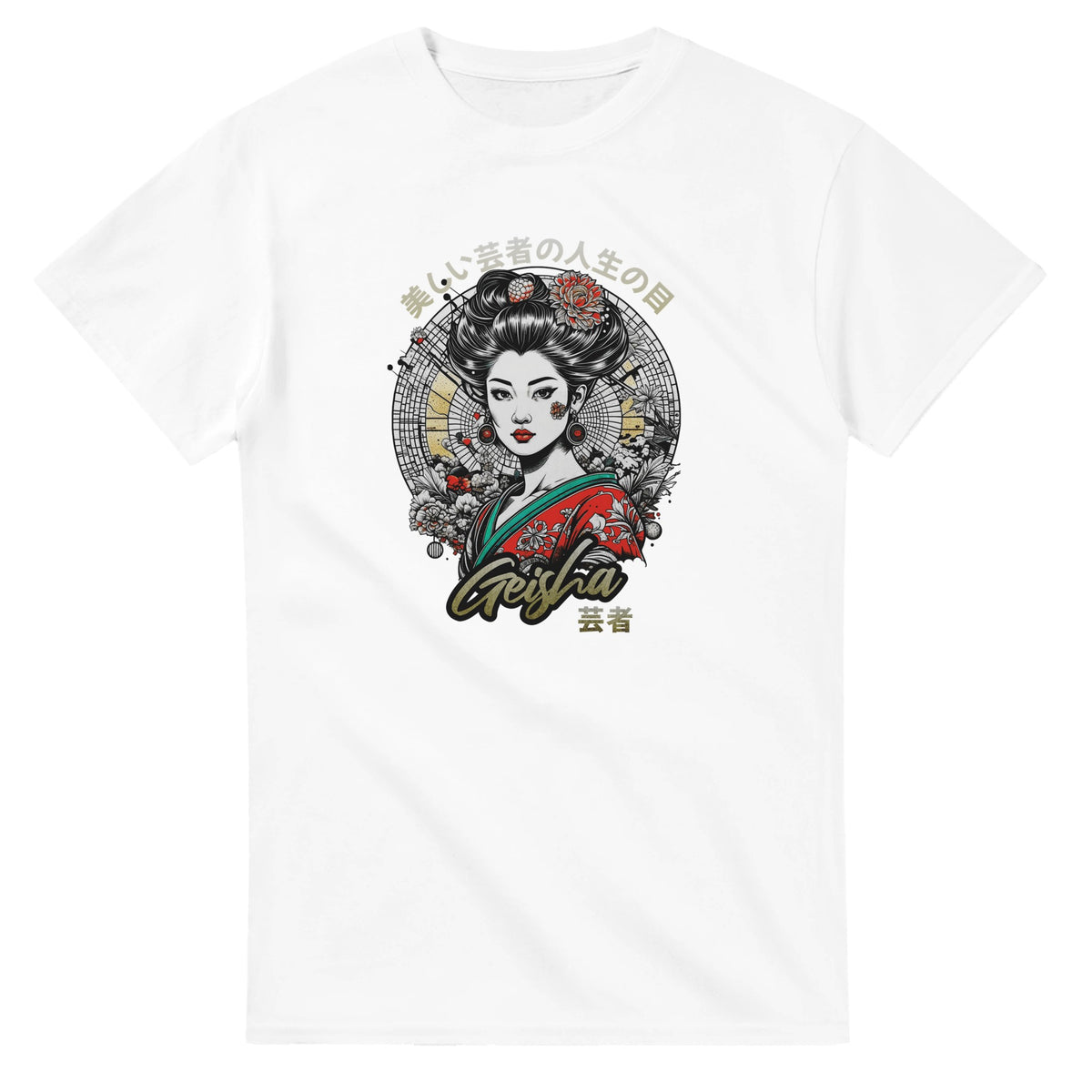 Geisha girl Japanese graphic t-shirt on white shirt featuring a colorful kimono, floral accents and circular background.