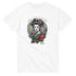 Geisha girl Japanese graphic t-shirt on white shirt featuring a colorful kimono, floral accents and circular background.