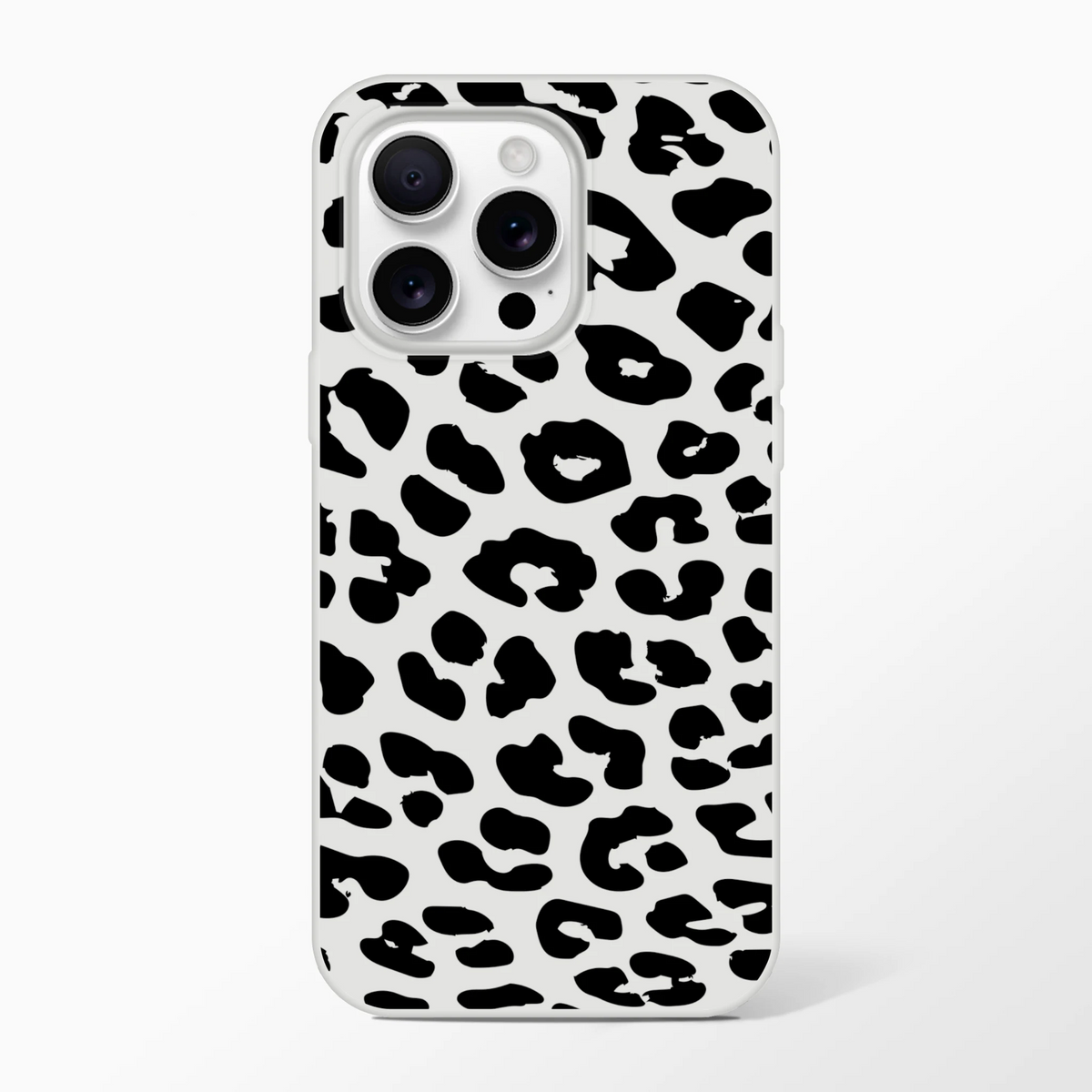 Retro Snow Leopard iPhone Case (13-16) with bold black animal print on light gray background
