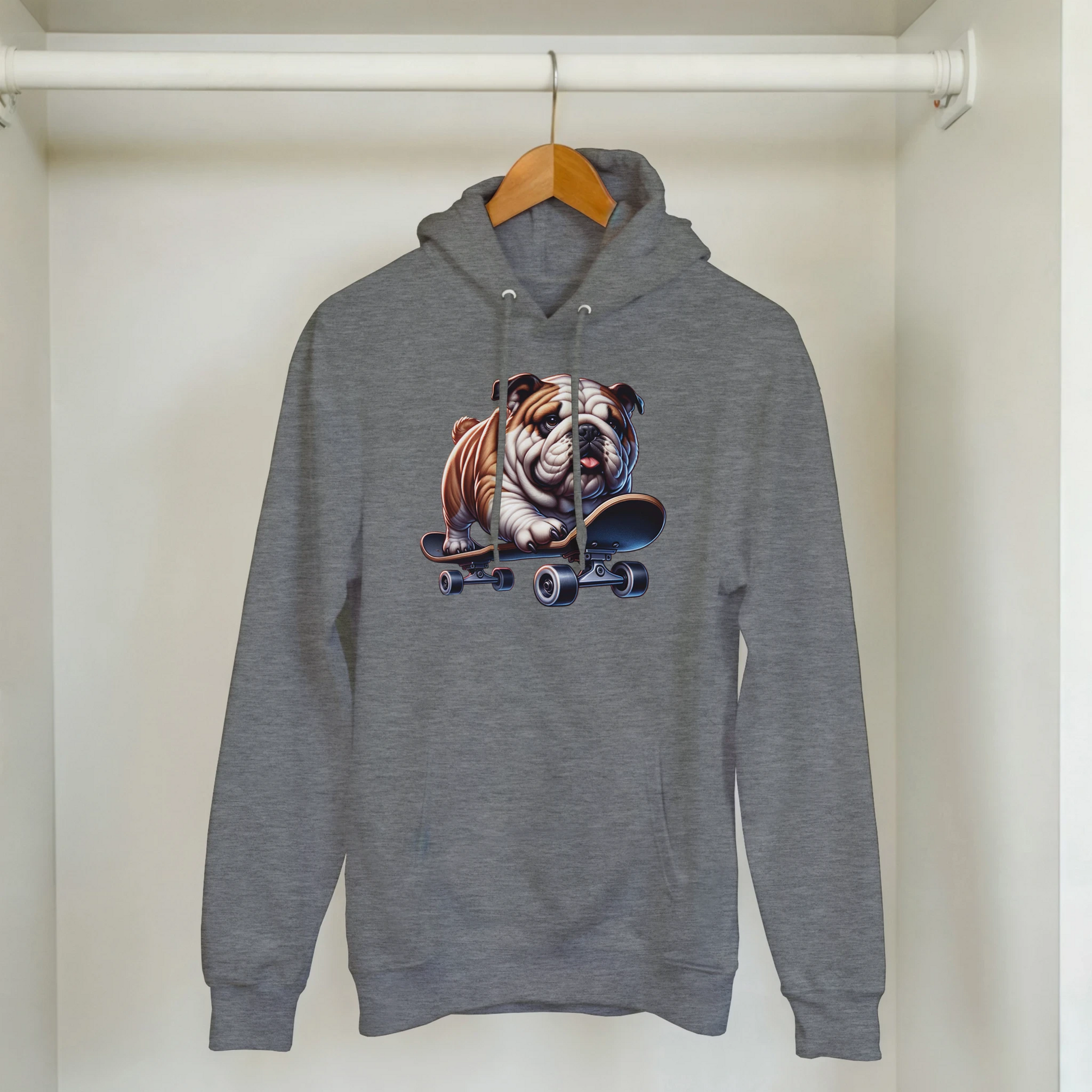 Gray hoodie with skateboarding bulldog graphic, front pocket, drawstring hood, soft cotton blend.