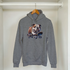 Gray hoodie with skateboarding bulldog graphic, front pocket, drawstring hood, soft cotton blend.