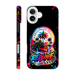Black iPhone case with colorful Urban Palm Trees RPM gauge, redline text, and paint splatter design for modified car culture.