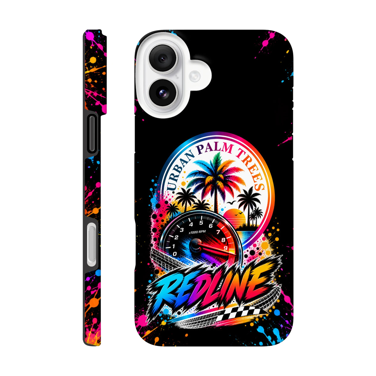 Black iPhone case with colorful Urban Palm Trees RPM gauge, redline text, and paint splatter design for modified car culture.