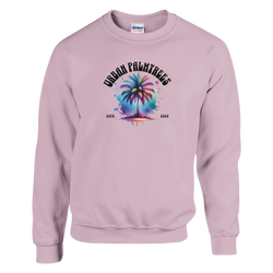 Pink sweatshirt featuring a colorful palm tree graphic and curved Urban Palmtrees text.