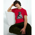 Male model in red Statue of Liberty DJ graphic T-shirt, Lady Liberty spinning on the decks.