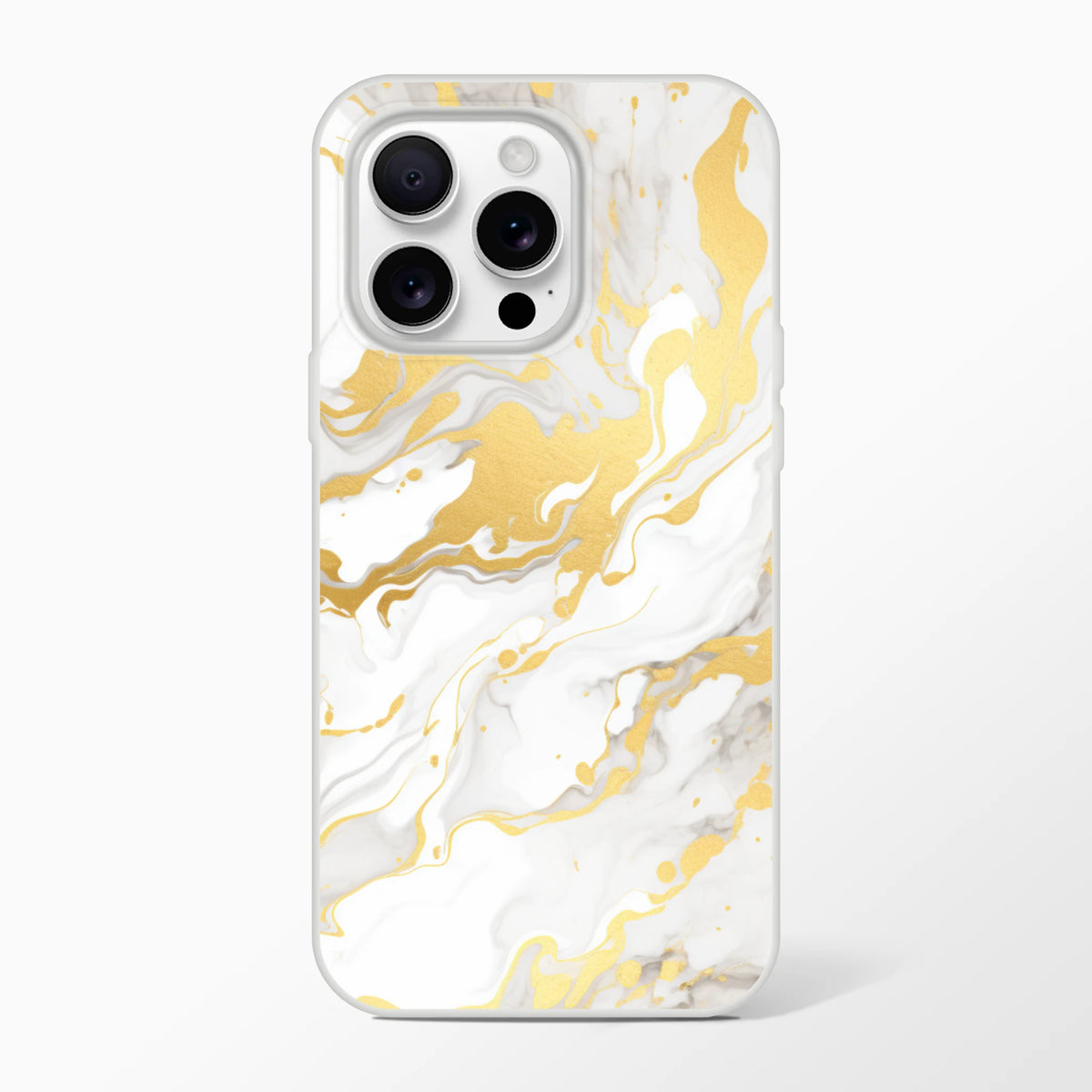 Gold and cream marble iPhone case (13–16) with luxury abstract aesthetic and slim matte finish.