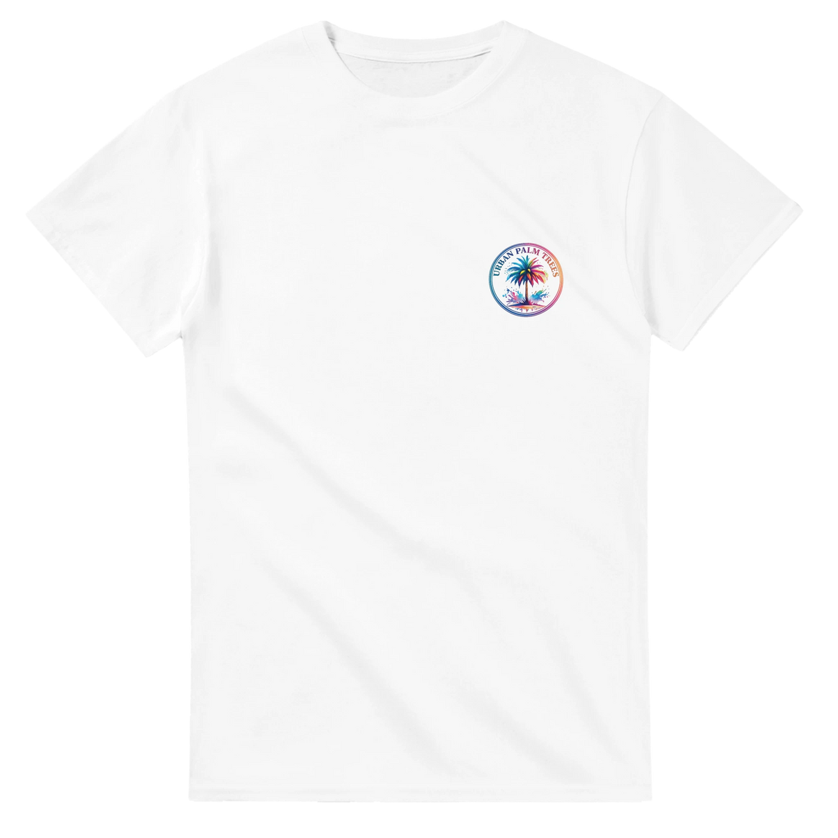 White men's tee with a colorful circular palm-tree graphic badge on the chest.