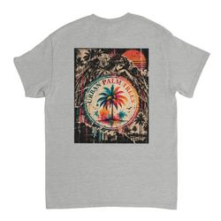 Grey t-shirt back print featuring a grunge gothic angel graphic merged with a colorful Urban Palm Trees sunset emblem.