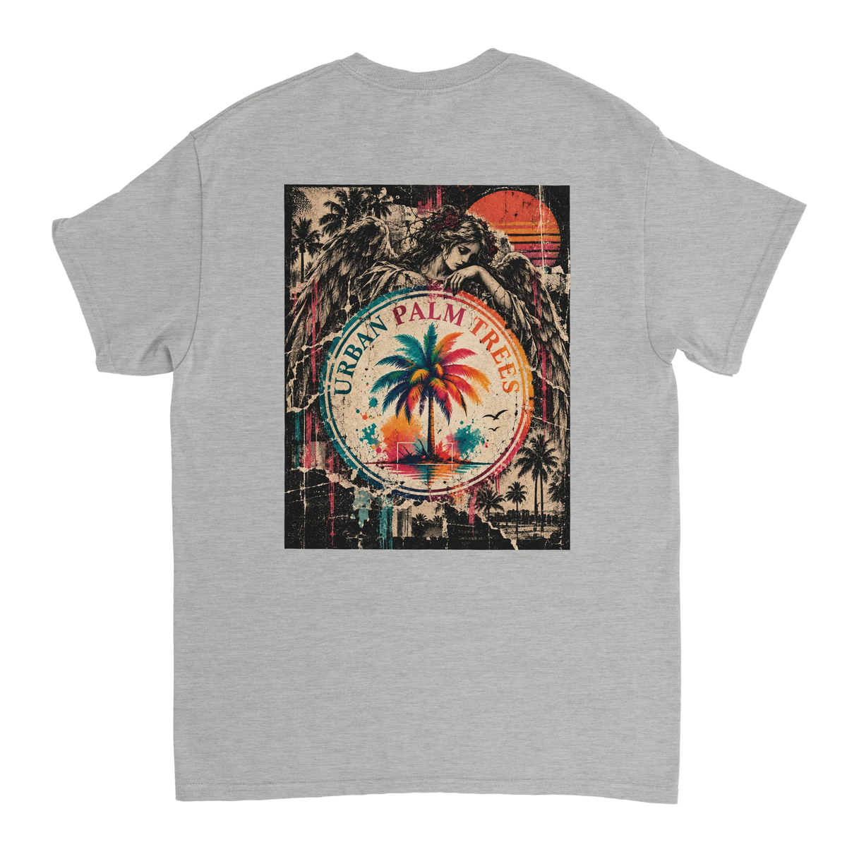 Grey t-shirt back print featuring a grunge gothic angel graphic merged with a colorful Urban Palm Trees sunset emblem.