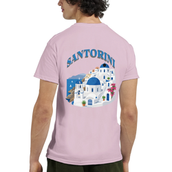 Santorini Greece Graphic T-Shirt with blue-domed Cycladic buildings on pink tee.