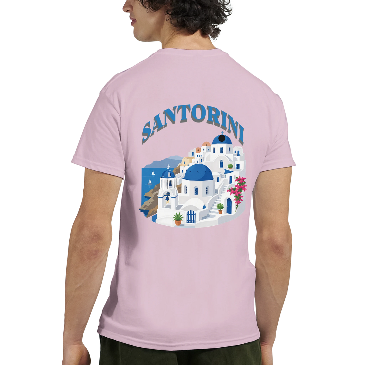 Santorini Greece Graphic T-Shirt with blue-domed Cycladic buildings on pink tee.