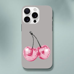 Pink disco ball cherry design on a tough grey iPhone case compatible with models 13 through 16.