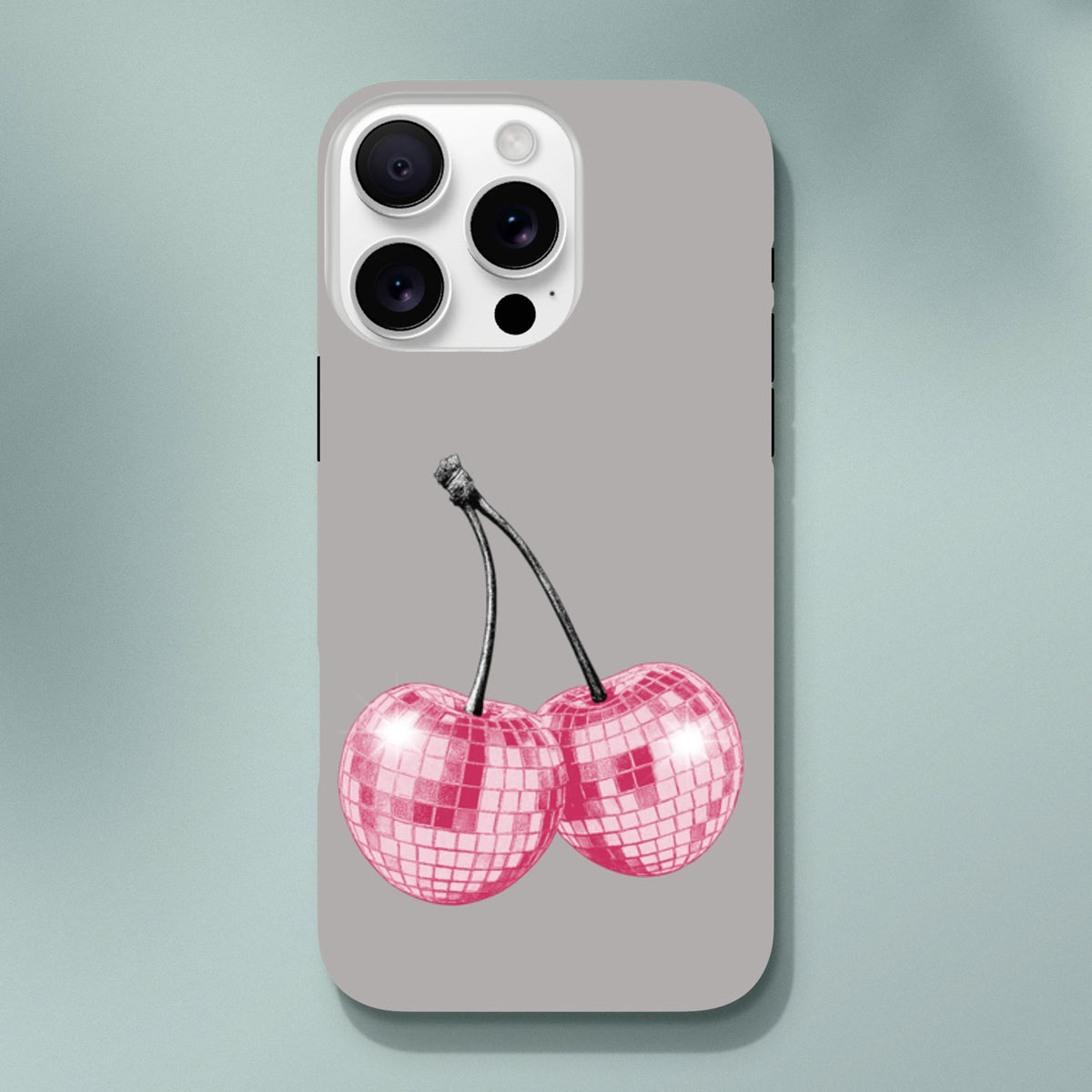 Pink disco ball cherry design on a tough grey iPhone case compatible with models 13 through 16.