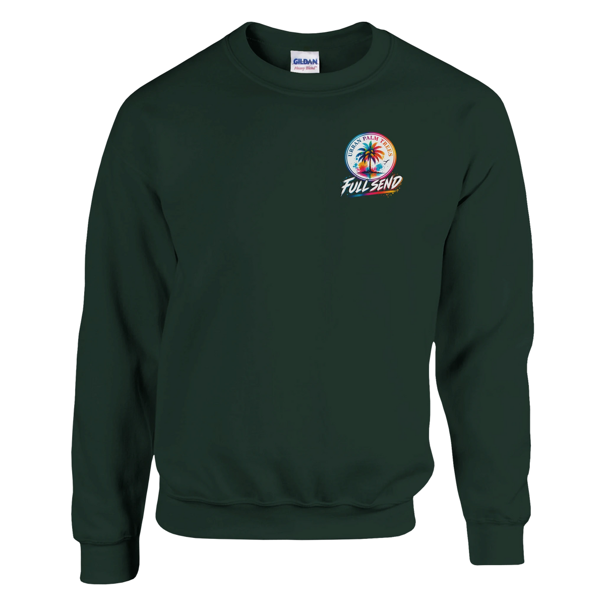 Dark green crewneck sweatshirt featuring a colorful "Full Send" and "Urban Palm Trees" graphic print on the chest.
