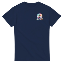 Navy blue men's graphic tee featuring a colorful Urban Palm Trees and Full Send logo on the chest.