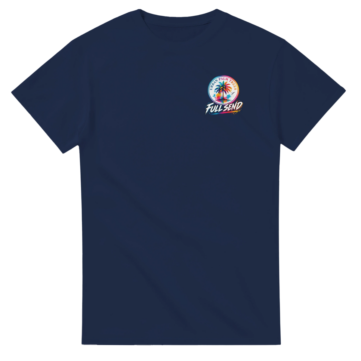 Navy blue men's graphic tee featuring a colorful Urban Palm Trees and Full Send logo on the chest.
